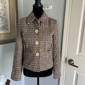 Blu Aqua Blazer. Tweed. Bold Buttons. Brown Tan. Fully lined. Size 10.